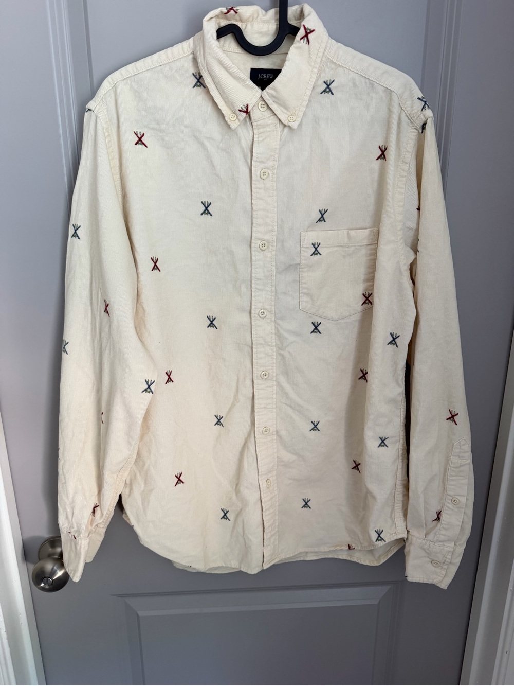 J.CREW Mens M Beige Corduroy Cotton Embroidered Button-Down Shirt LS Pockets